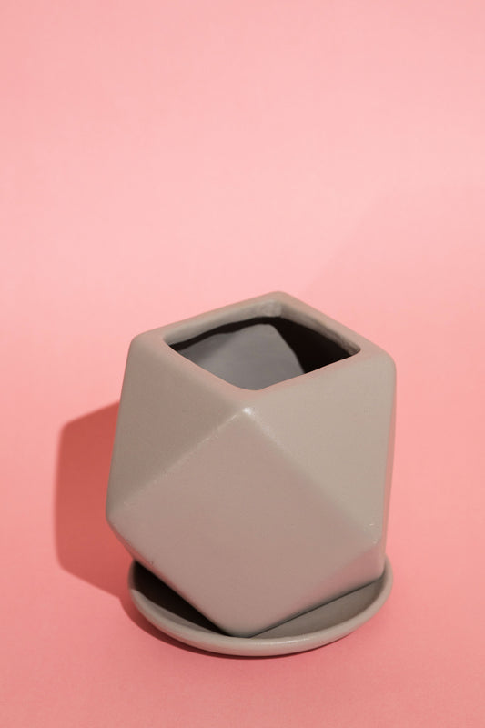 Small Faceted Cubic Grey Pot